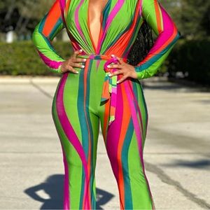 Deep V Neck Shoulder Pad Jumpsuit